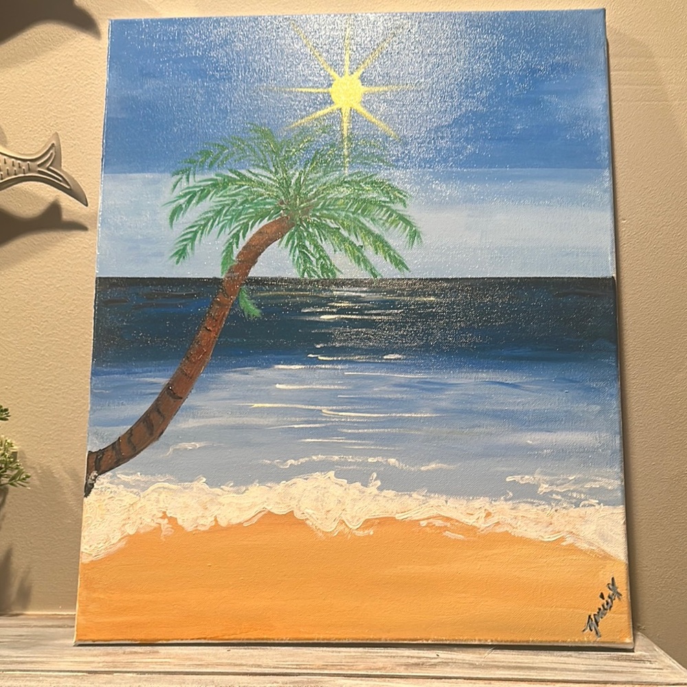 Blue and Green Tropical Beach Painting Art